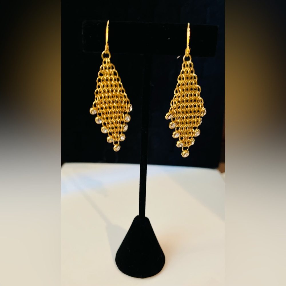 Vintage Gold Tone Mesh Drop Earrings W/ CZ for Pierced Ears circa 1980’s 2” drop